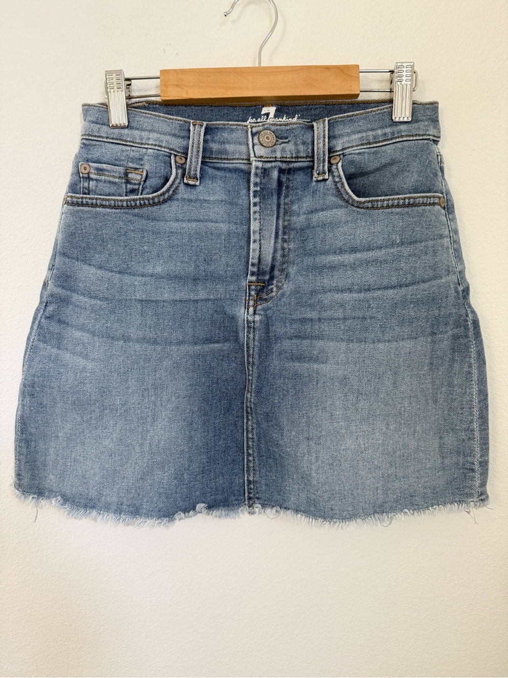 7 For All Mankind Denim Stretch Mini Skirt Blue Raw Frayed Hem Size 26